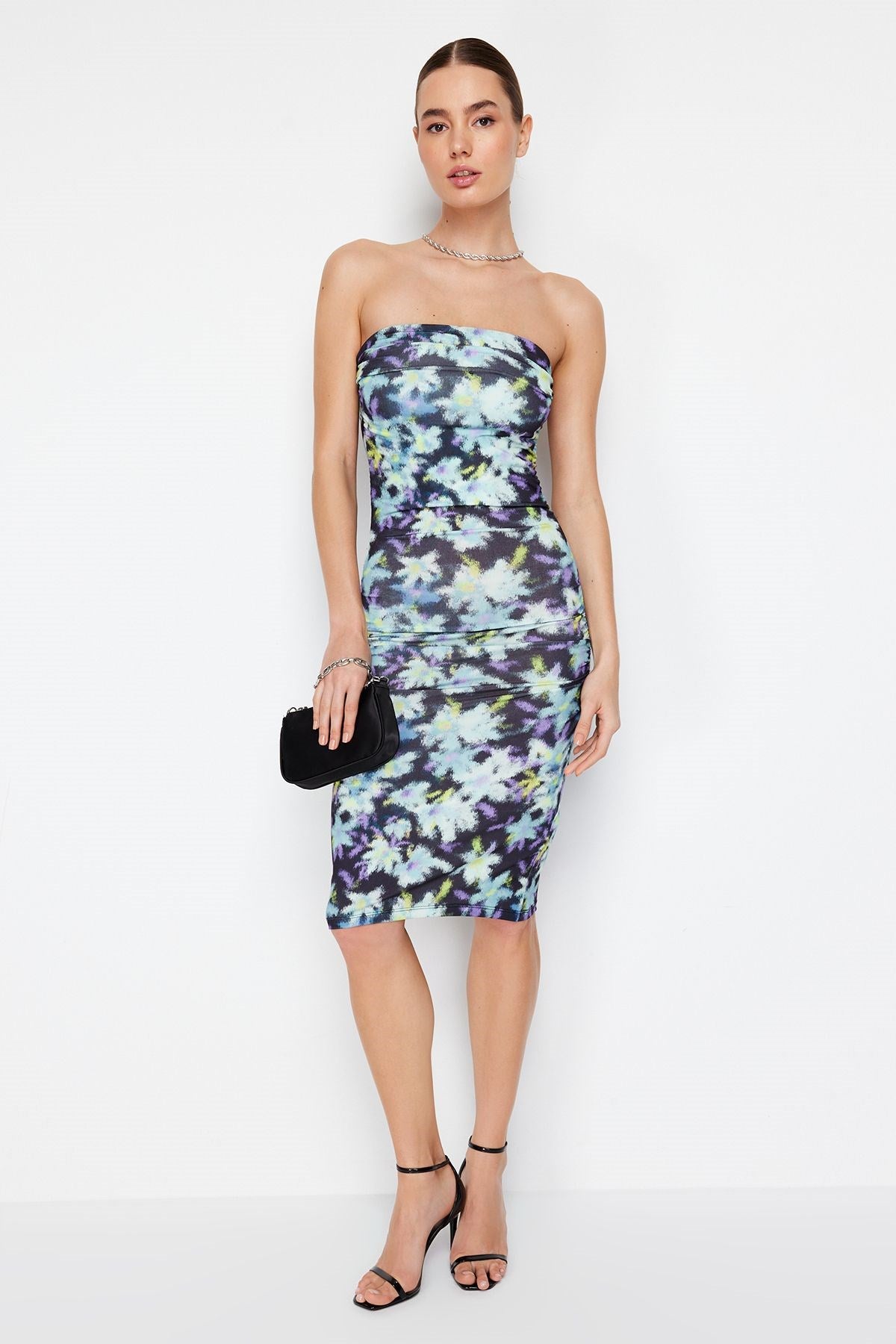 Limited Edition Blue Flower Printed Mini Strapless Collar Flexible Knitted Pencil Dress Twoss24el005