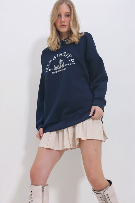 Women's Navy Crew Neck 3 Thread Charcoal Embroidered Oversize Sweatshirt Alc-x11394