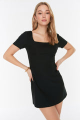 Black A Cut Square Collar Super Mini Woven Dress Twoss22el00015