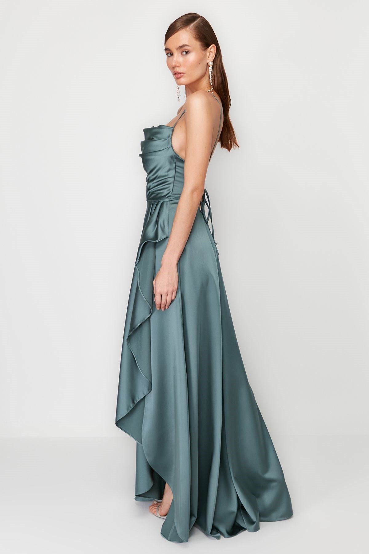 Blue Draped Satin Long Night Evening Dress Tprss24ae00112