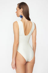 Ecru V Neck Textured Regular Swimsuit Tbess24ma00045