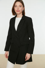 Black Double Button Pocket Detailed Lined Blazer Woven Jacket Tctaw22ck0007