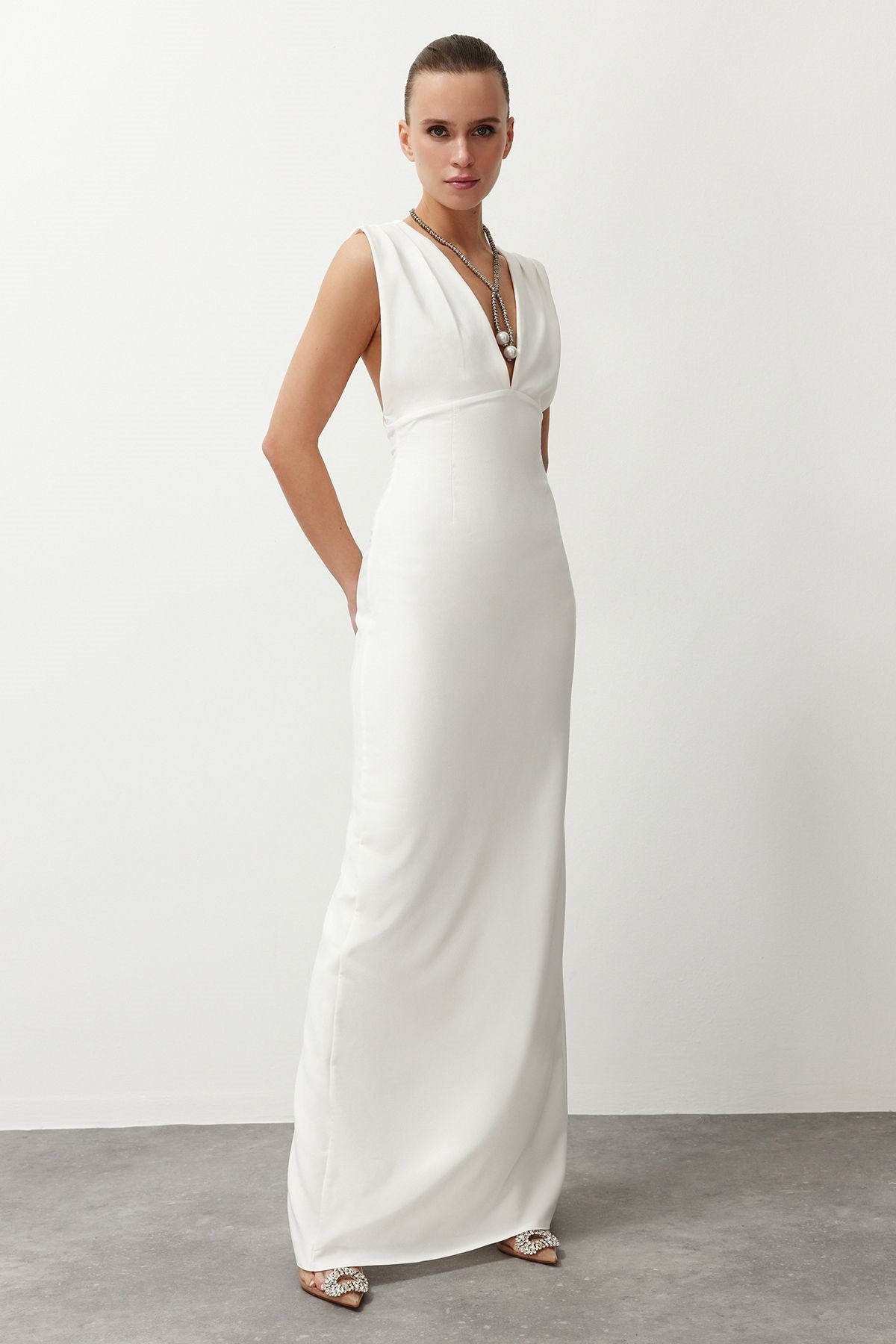 White Deep V Neck Woven Long Elegant Evening Dress Tprss24ae00147