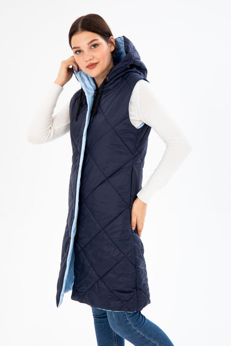 Women's Long Fixed Hooded Padded Double Sided Quilted Fibre Vest 8649 Gfx8649