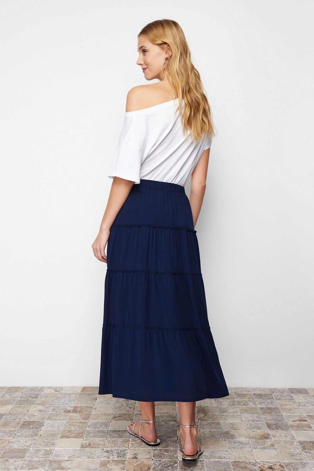 Navy Blue Waist Ruffle Detail Flared Maxi Length Woven Skirt Twoss24et00098