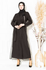 Asian Organza Belted Burkini Black Abaya Suit 3433 T22ab3m3433