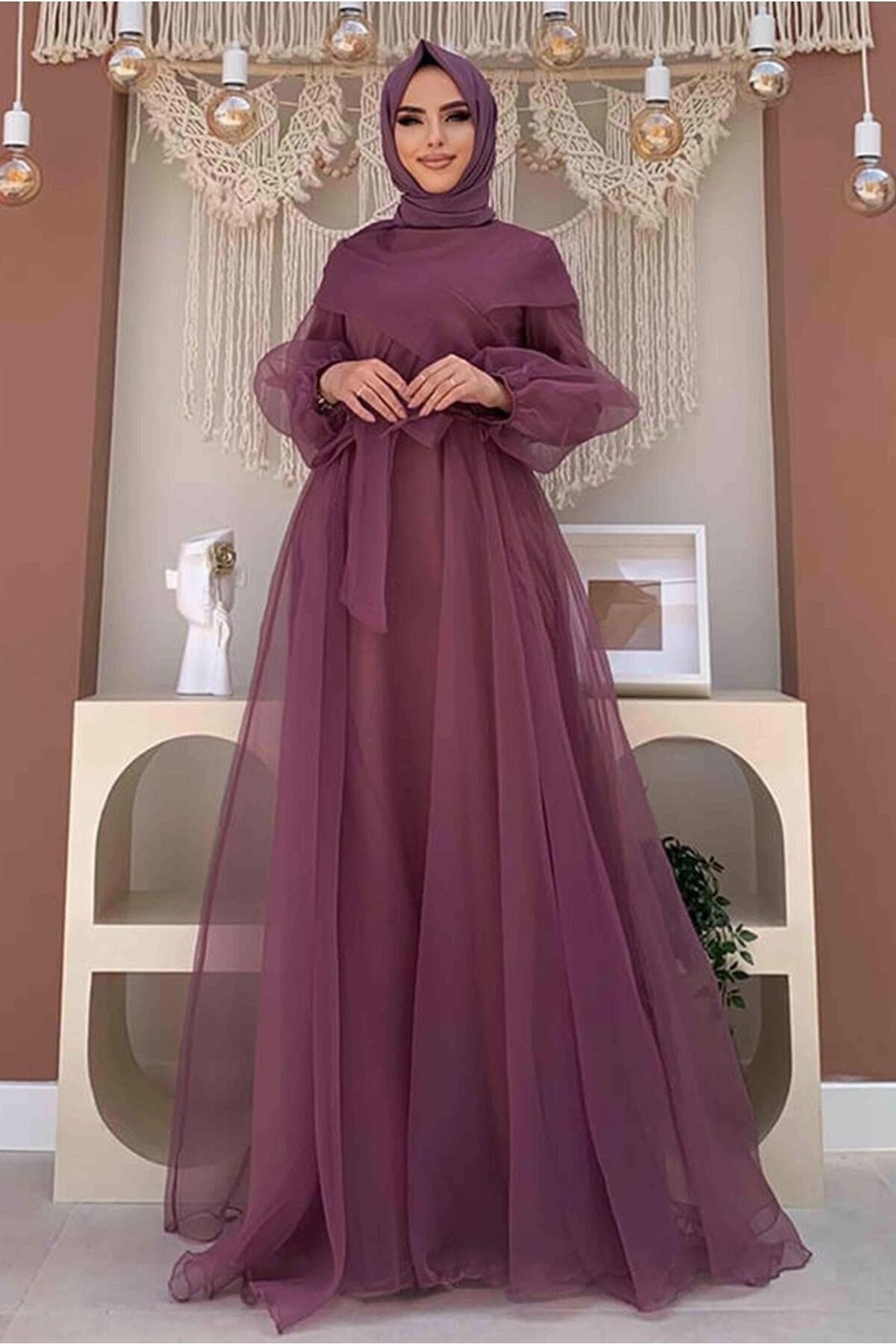 Women Purple Belted Tulle Evening Dress Dress T 4693 22yabltr4693