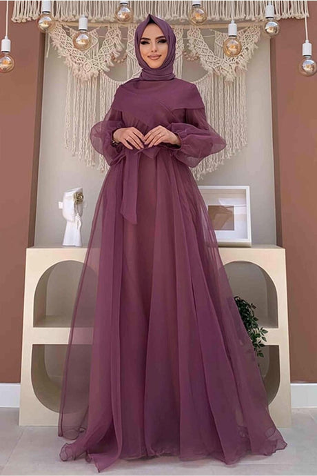 Women Purple Belted Tulle Evening Dress Dress T 4693 22yabltr4693