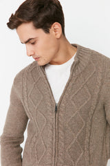 Anthracite Men's Slim Fit Knit Detailed Zipper Pocket Knitwear Cardigan Tmnaw21hi0349