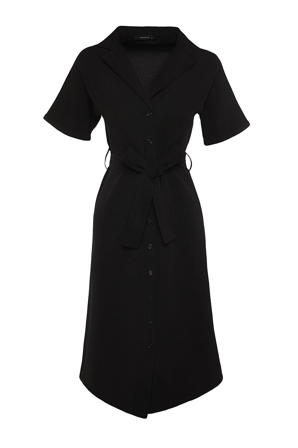 Black Belted Midi Linen Look Woven Shirt Dress Twoss23el02400