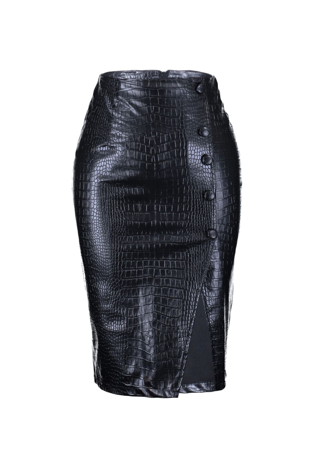 Black Faux Snakeskin Slit Detailed Midi Woven Skirt Twoaw23et00260