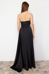 Black Stone Accessory Detailed Long Woven Elegant Evening Dress Tprss24ae00185