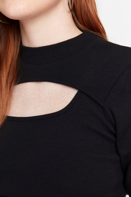 Black Cut Out/window Detailed Crew Neck Ribbed Stretch Knitted Blouse Twoaw21bz0642