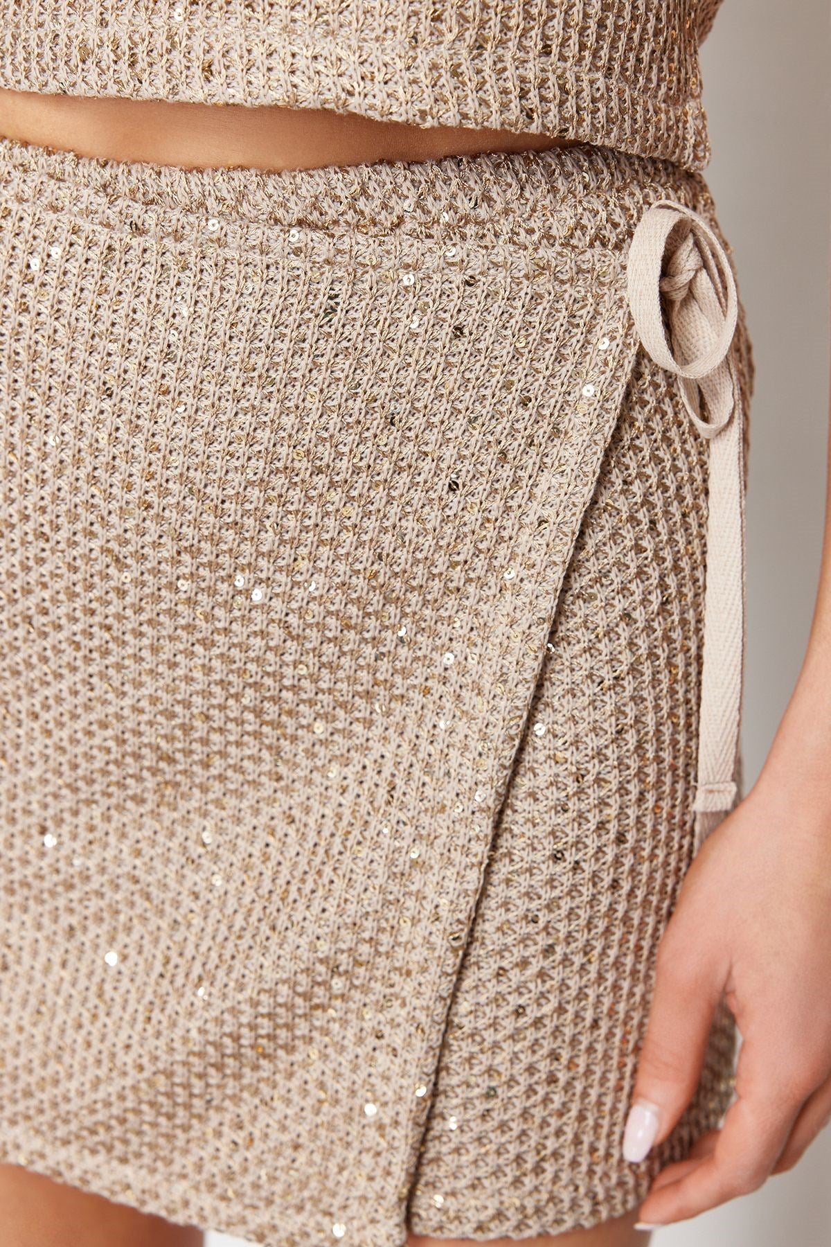 Beige Mini Shiny Sequin Embroidered Knitwear Skirt Twoss24et00050