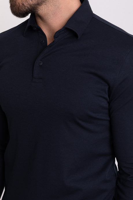 Solid Navy Color Slim Fit Long Sleeve Polo Collar Men's T-shirt 36672.21k