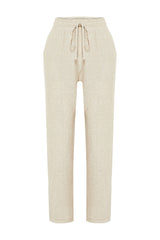 Beige Elastic Waist Straight/straight Cut Cotton Linen Woven Pants Twoss24pl00063