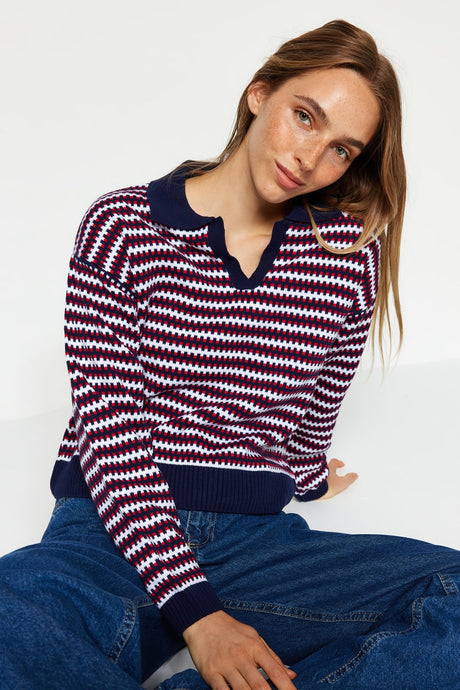 Red Striped Polo Collar Knitwear Sweater Twoaw24kz00431