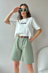 Women's Beige High Waist Wide Leg Bermuda Denim Shorts Alc-x8174