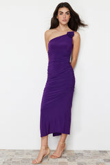 Purple Accessory Rose Detailed Ruffle Bodycone/body Fit Flexible Knitted Midi Pencil Dress Twoss24el