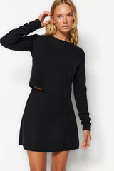 Black Low Shoulder Crew Neck Crop Thessaloniki/knitwear Look Knitted Blouse Twoaw24bz00168