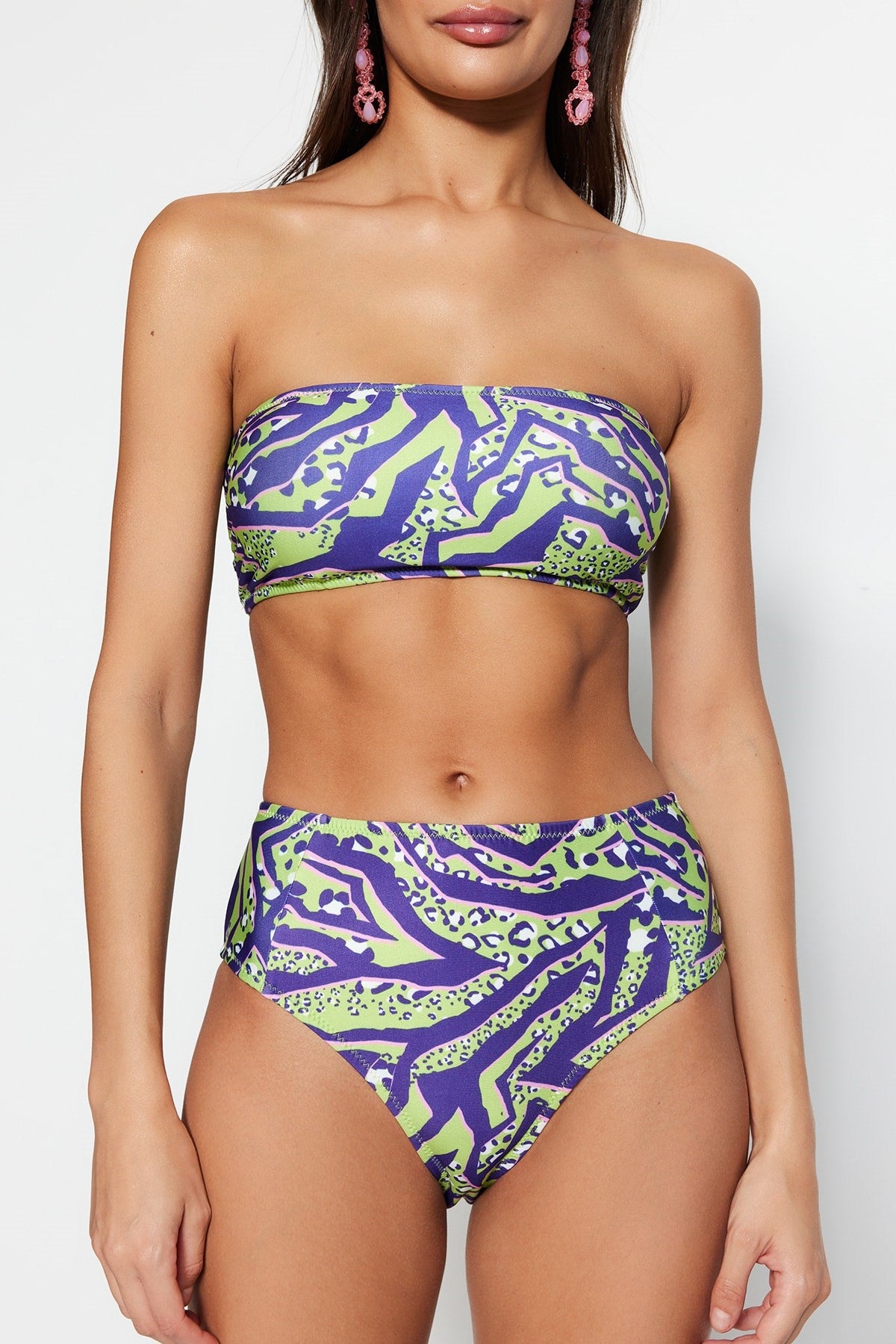 Green Animal Print Strapless High Waist Bikini Set Tbess22bt0018