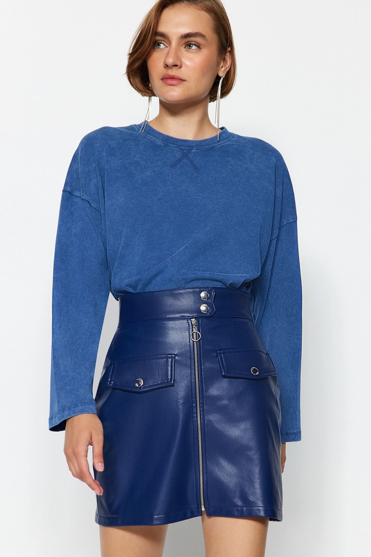 Faux Leather Mini Woven Skirt With Indigo Belt And Zipper Detail Twoaw21et0065