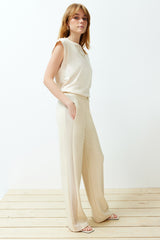 Beige Color Block Straight/straight Cut Flexible Pants Twoss24pl00100