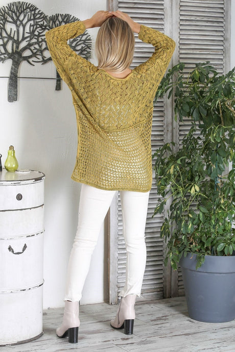 Lemon Mold V Neck Long Sleeve Tie Wash Openwork Jacquard Knitwear Long Fit Blouse M10010200bl92607