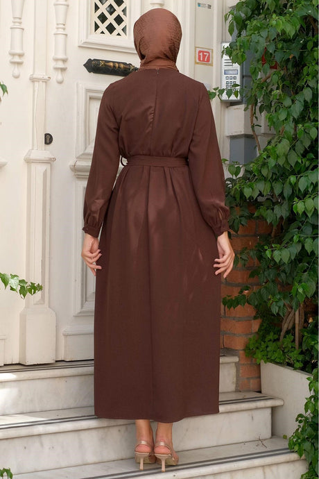 Stone Embroidered Belted Dress Brown Hm2220