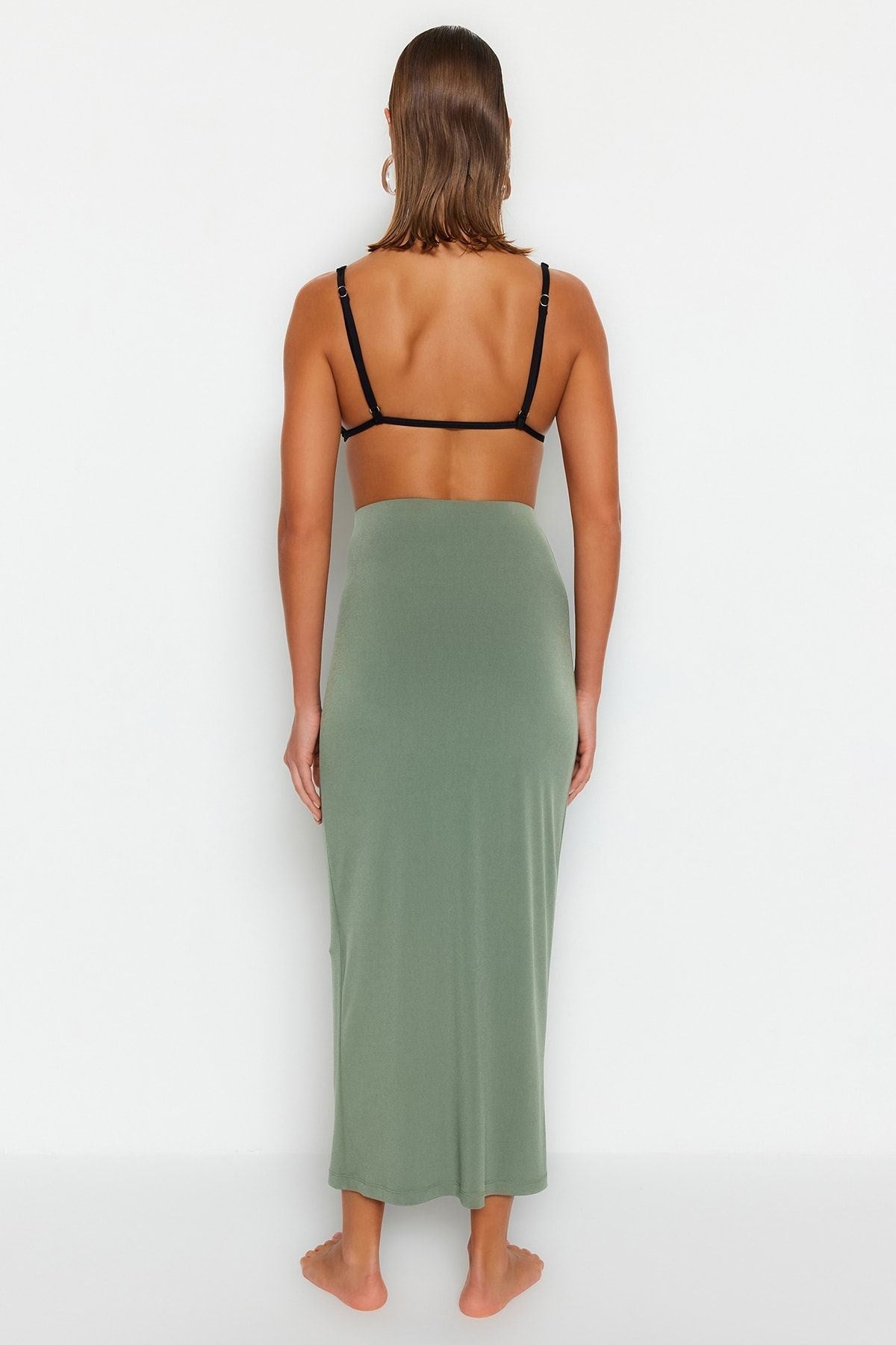 Khaki Body-fitting Maxi Woven Slit Skirt Tbess23et00021