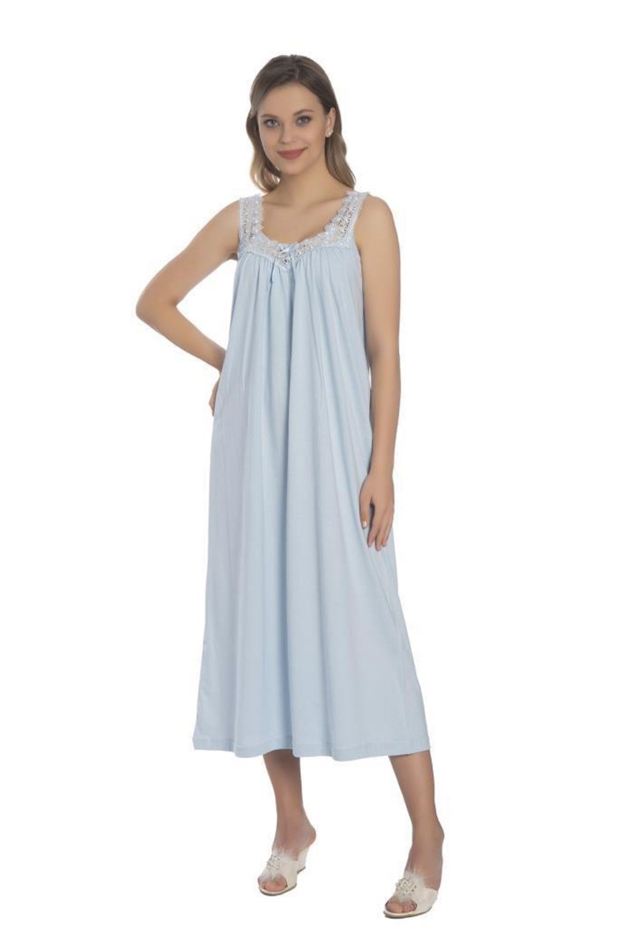 -dy 9010 Cotton Lace Strappy Combed Mom Women Nightgown Akala9010