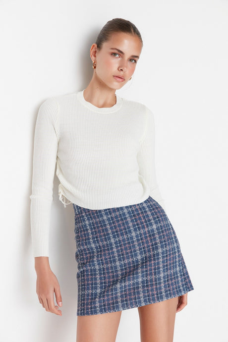 Indigo Plaid Pattern Tweed Fabric Mini Woven Skirt Twoaw23et00017