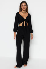 Black Woven Tie Blouse Pants Suit Tbess23au00072