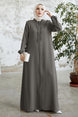 Hidden Patched Abaya With Lace-up Collar - Black Ms00tp00054