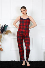 Women's Red Plaid Pajama Suit With Rope Strap 4135