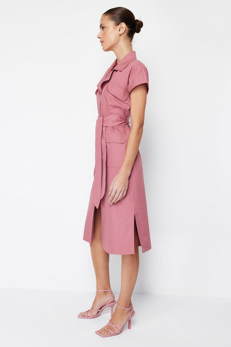 Dusty Rose Belted Wide Pattern Gabardine Midi Shirt Dress Twoss24el00227