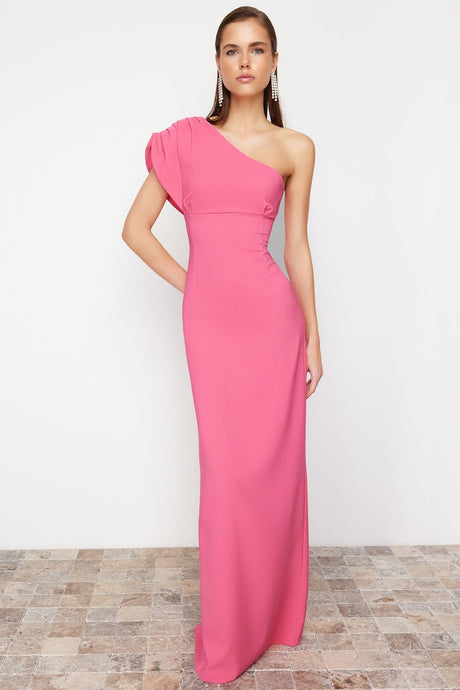 Fuchsia Asymmetric Collar Long Evening Dress Tprss24ae00119