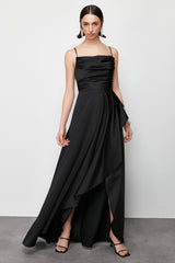 Black Draped Satin Long Night Evening Dress Tprss24ae00109