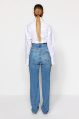 Blue Ripped High Waist Long Straight Jeans Twoaw24je00033