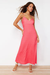 Red Polka Dot A Cut/bell Form Back Detailed Flexible Knitted Maxi Dress Twoss24el00582