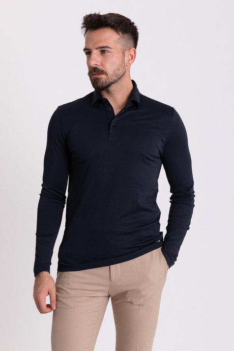 Solid Navy Color Slim Fit Long Sleeve Polo Collar Men's T-shirt 36672.21k