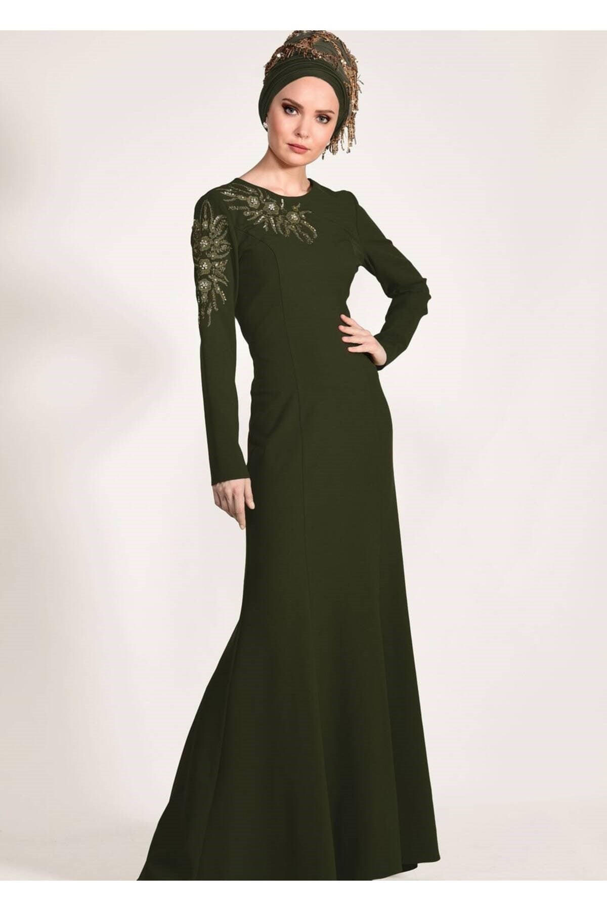 Women's Khaki Bead Embroidered Evening Dress 5399 18yabltr5399