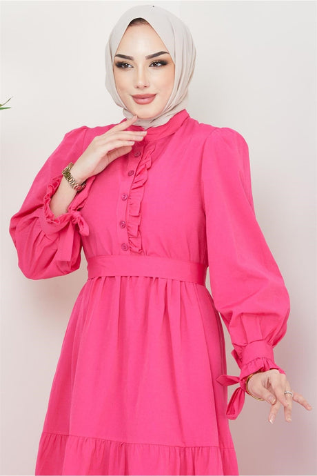 Front Ruffle Sleeve Tie Dress Fuchsia 2078