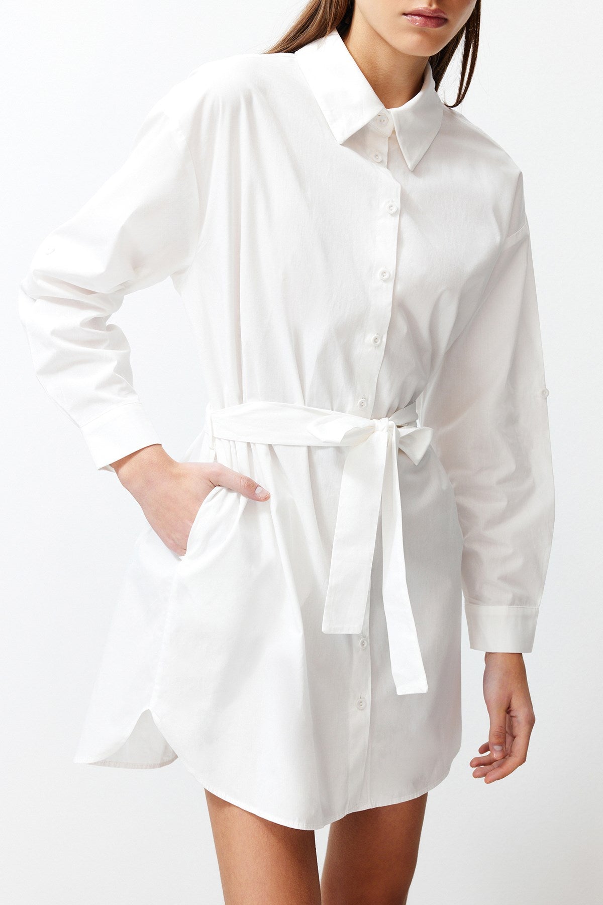 White Belted 100% Cotton Mini Woven Shirt Dress Twoss24el00339