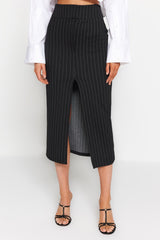 Black Striped Slit Detailed High Waist Maxi Knitted Skirt Twoss23et00376