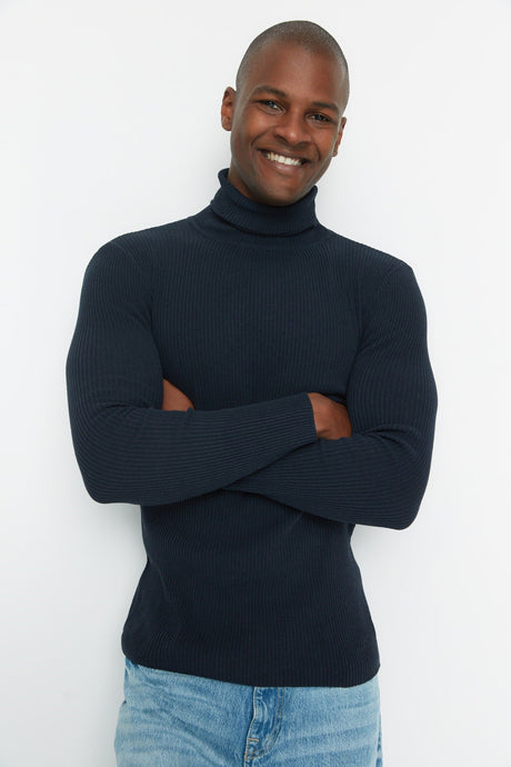 Grey Men's Slim Fit Turtleneck Ribbed Knit Basic Sweater Tmnaw20mg0031