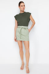 Khaki Lacing Belt Detailed Mini Length Woven Skirt Twoss24et00109