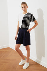 Navy Blue Regular Pattern Woven Shorts With Pockets Twoss19wx0108