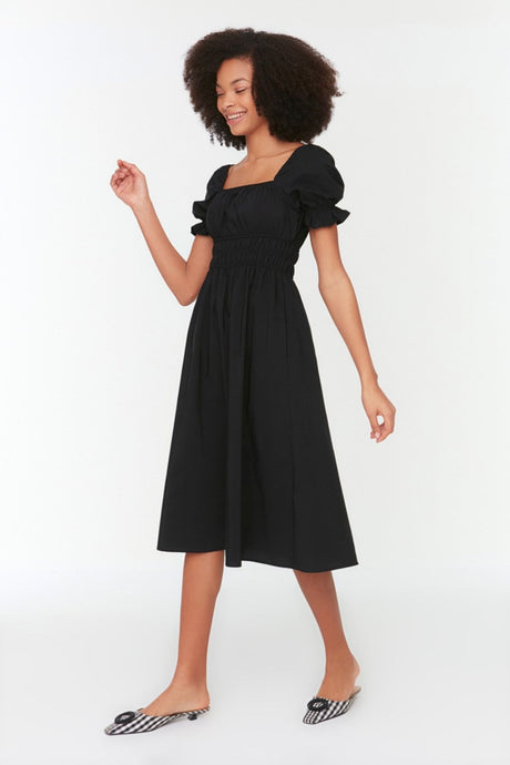 Black Waist Balloon Sleeve Midi Woven Dress Twoss22el1768