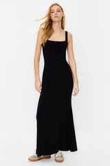 Black Thick Strappy Fitted/body Fit Flexible Knitted Maxi Pencil Dress Twoss24el00137